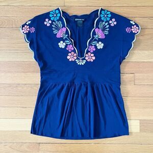 Vivienne Tam Vintage Y2K Navy Embroidered Flower Colorful V-Neck Blouse Small